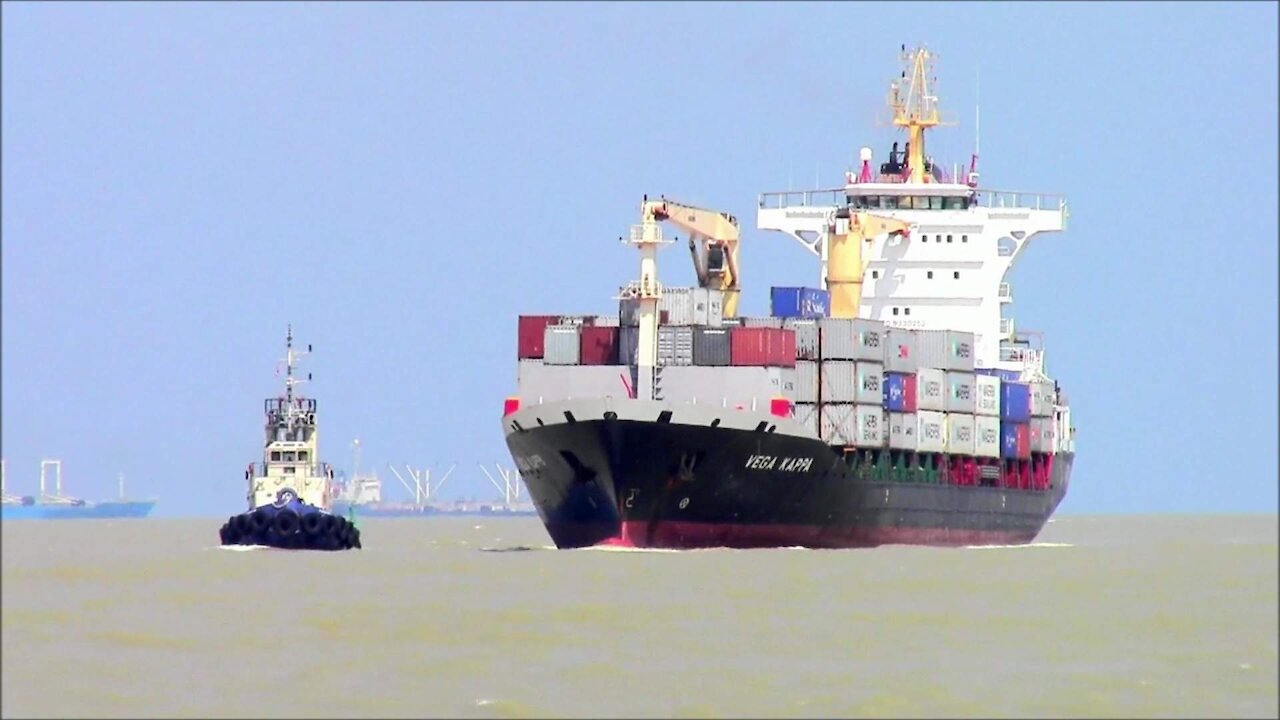 Container ship Vega Kappa sailing into Songkhla Port in Thailand