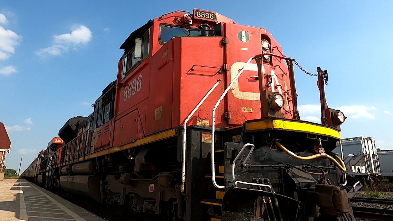 CN 8896 & CN 2301 Engines Potash Train Westbound In Ontario TRACK SIDE