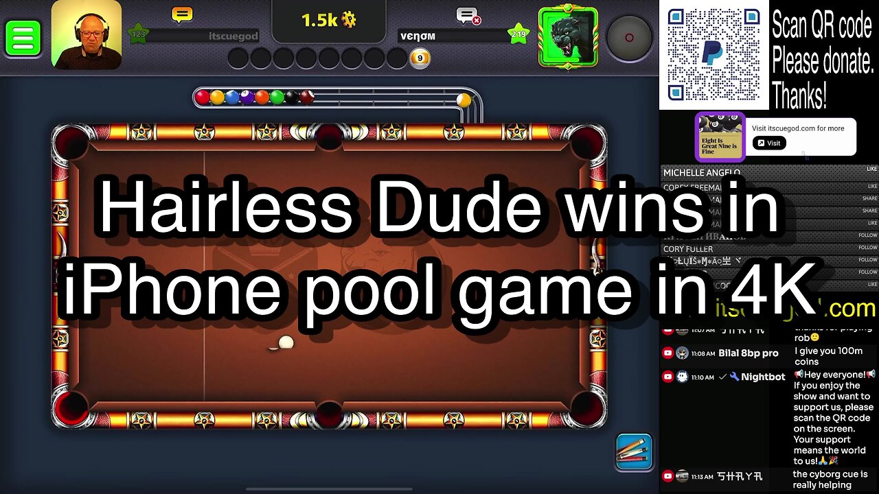 Hairless Dude wins in iPhone pool game in 4K 🎱🎱🎱 8 Ball Pool 🎱🎱🎱