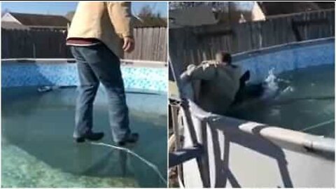 Man tests the ice in his pool - with hilarious results