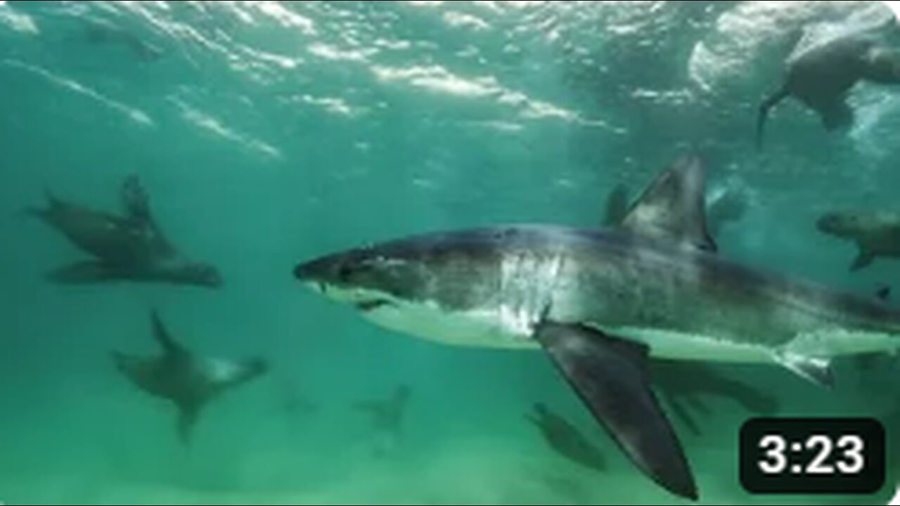 Great White Shark Mobbed by Gang Of Seal