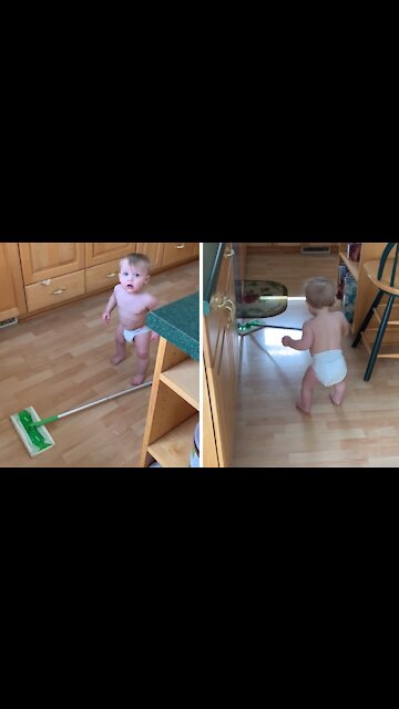 Adorable Baby Helps Clean Around The House
