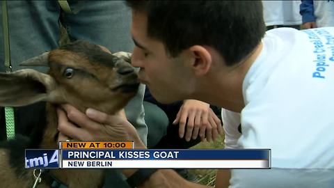 New Berlin principal locks lips with a goat for a cause