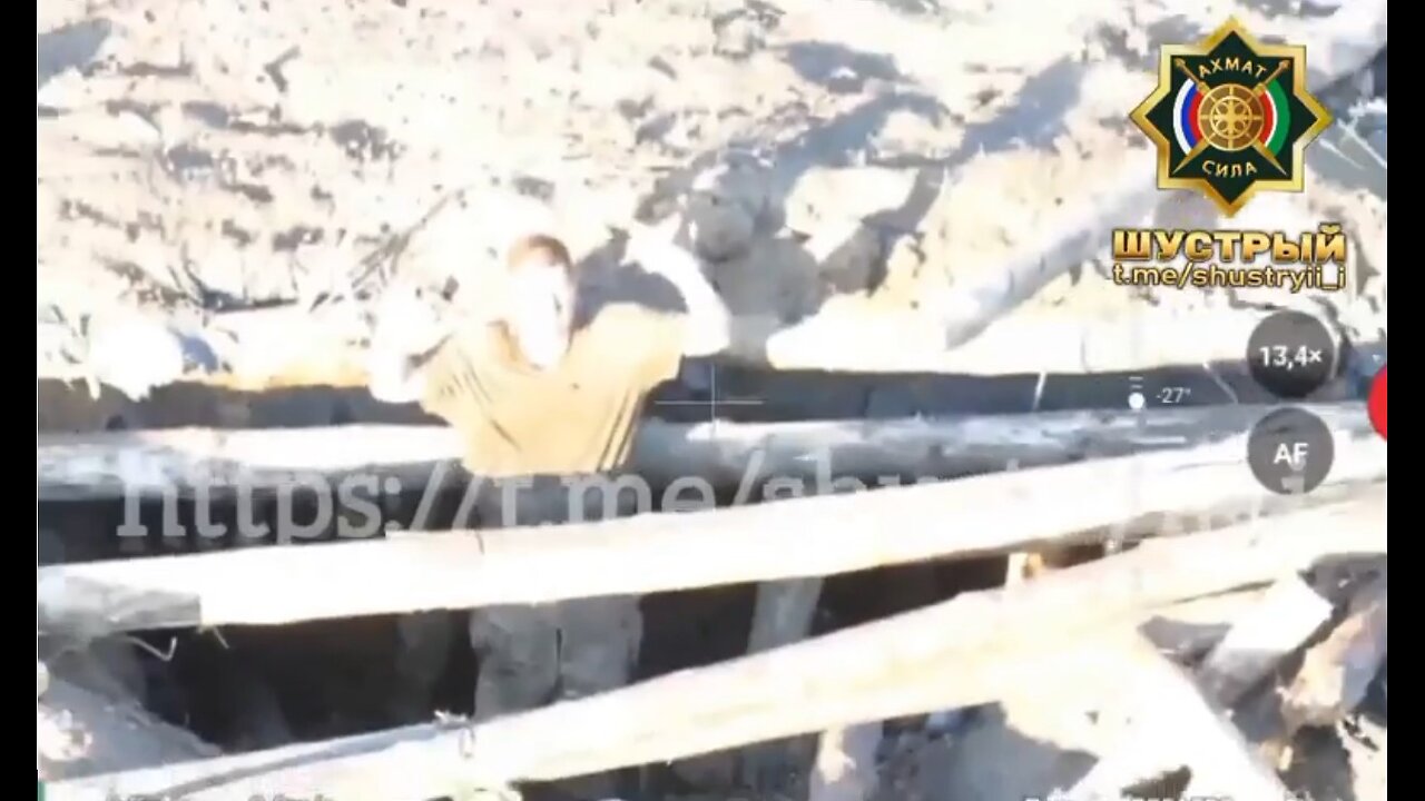 2 Ukrainian soldiers in a dugout surrender and are guided by an AKHMAT drone towards their positions