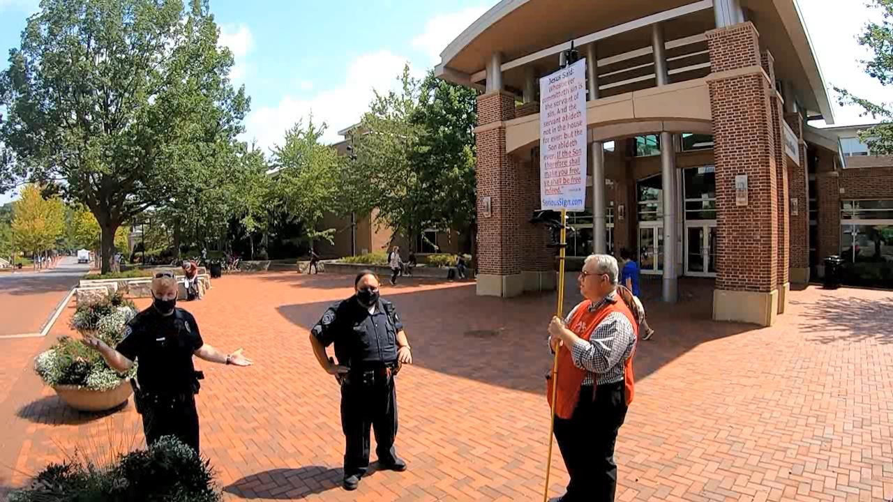 "YOU MUST WEAR MASKS!" - Police Officer @ Penn State University - Street Preaching - Kerrigan Skelly