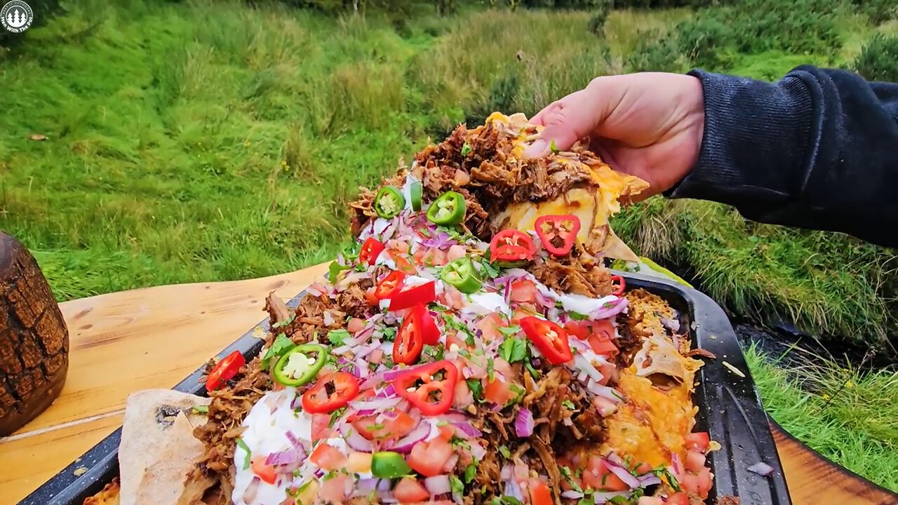 Pulled pork nachos, incredible forest feast (ASMR, Camping, Recipe )