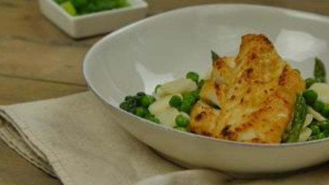 Vietnamese Broiled Cod with Asparagus, Peas, and Water Chestnut Stir-Fry