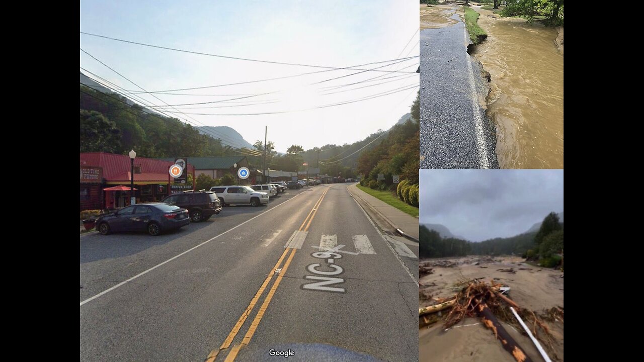 Lake Lure NC Flood Dam Overtopped and Road is Washed Away Destroyed by Storm from Hurricane Helene