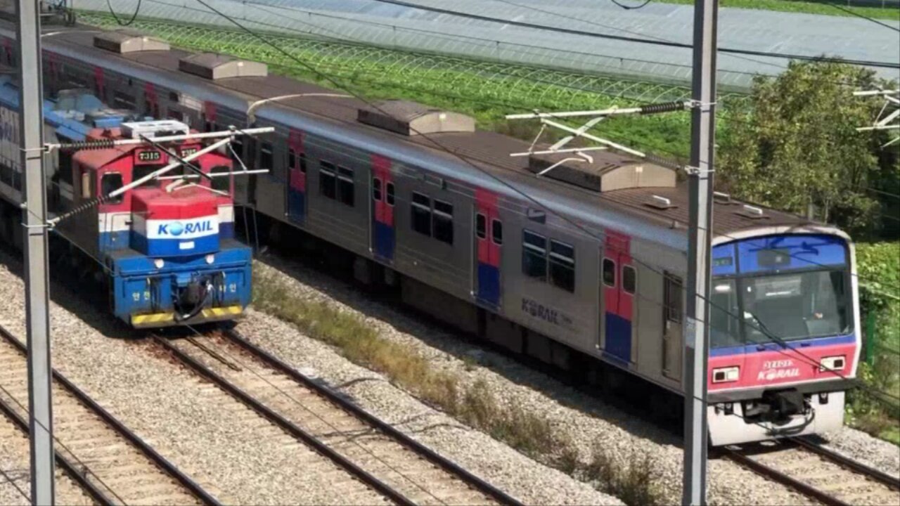 Train racing on railway, South Korea