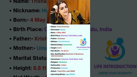 Trisha Krishnan ki Biography | Tollywood Actress #shorts #love #tollywood #trishakrishnan