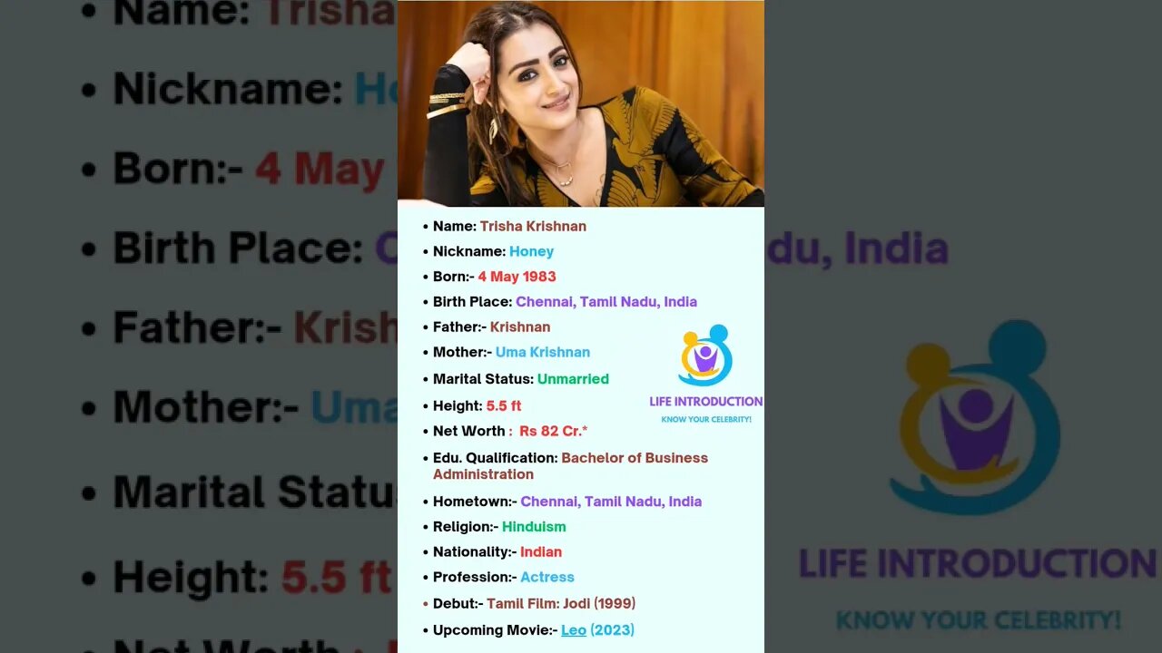 Trisha Krishnan ki Biography | Tollywood Actress #shorts #love #tollywood #trishakrishnan