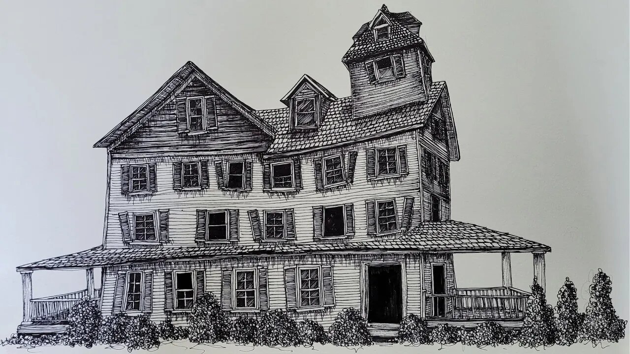 Drawing a wymsical old house freehand with a Sharpie Fineliner