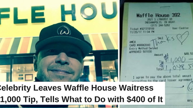 Celebrity Leaves Waffle House Waitress $1,000 Tip, Tells What to Do with $400 of It