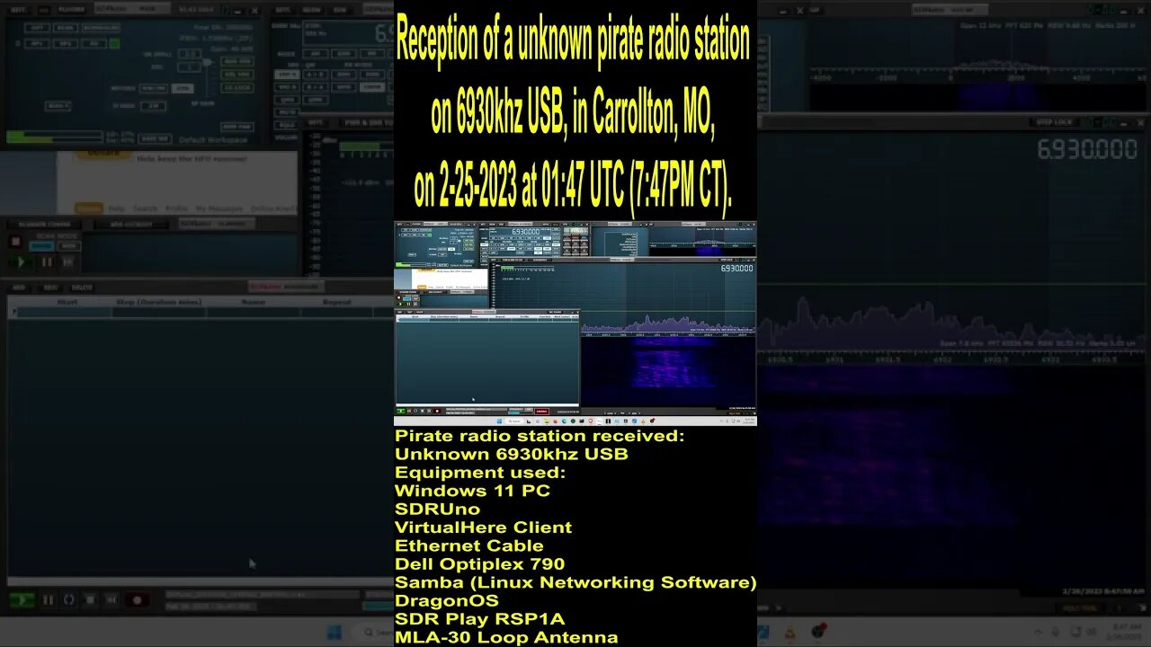 Reception of a unknown pirate radio station on 6930khz USB, in Carrollton, MO, on 2-25-2023