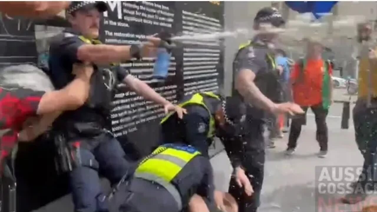 POLICE bash protesters on Parliament steps in Melbourne