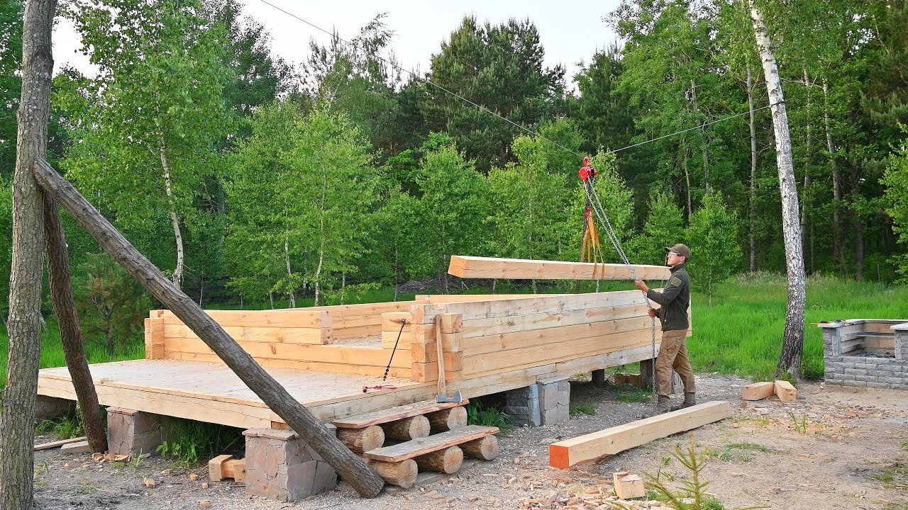 I Building an Off Grid Log Cabin for Recreation Alone, Ep4 - How to Lift Heavy Logs