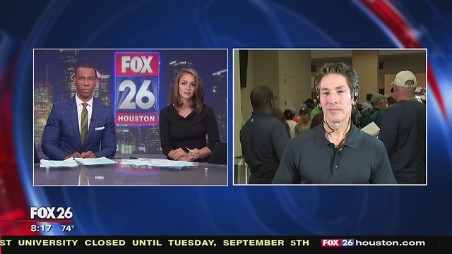 Joel Osteen speaks on providing shelter at Lakewood Church in Houston