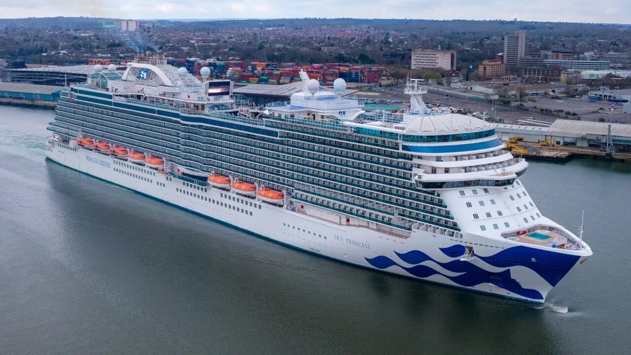 Princess Cruises Sky Princess, 1st cruise of the season 2023 Southampton 4k drone footage