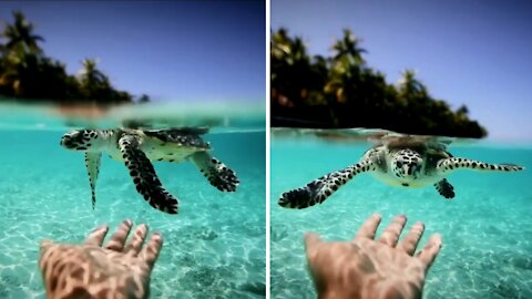 Cute baby turtle want to make a new friend