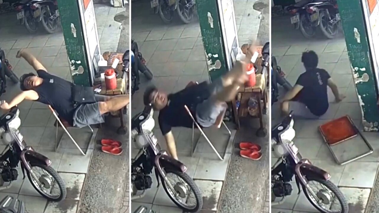 The man fell asleep and suddenly broke his chair and fell to the ground