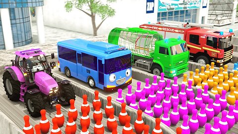 Learn Colors with Fire Truck & Tractor, Tayo Bus in Bowling Pool | TRUCK Cartoon
