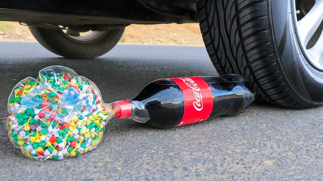 Squashing Crunchy and Soft Things! Coca Cola with Firecrackers VS Car Wheel