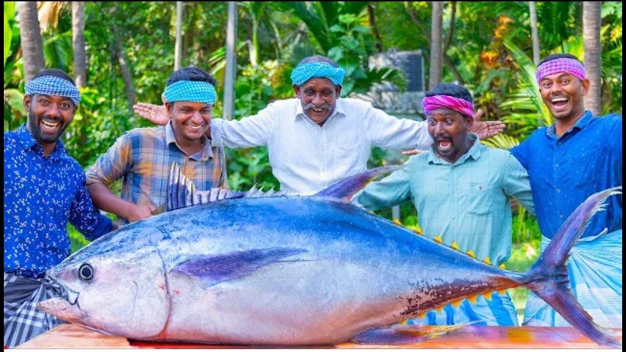 200 Pounds BIG TUNA FISH | Tuna Fish Cutting and Cooking in Village | Tuna Fish Steak Recipe