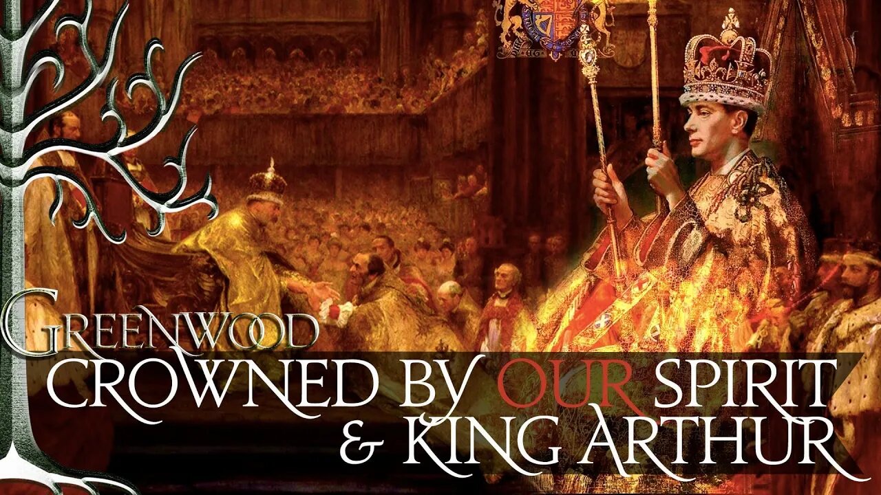 Coronation symbolism: Mortal is crowned by England's spirit & King Arthur