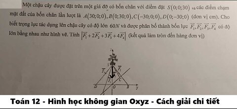 Toán 12: Một chậu cây được đặt trên một giá đỡ có bốn chân với điểm đặt S(0;0;30) và các điểm chạm
