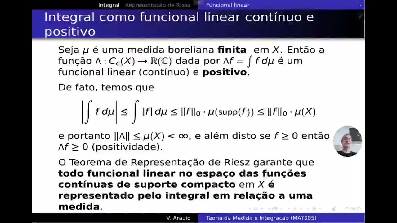 Medida e Integração: Integral como funcional linear. Enunciado do Teorema de Representação de Riesz.