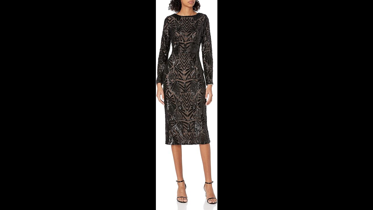 Dress the Population Women's Emery Long Sleeve Stretch Sequin Midi Sheath