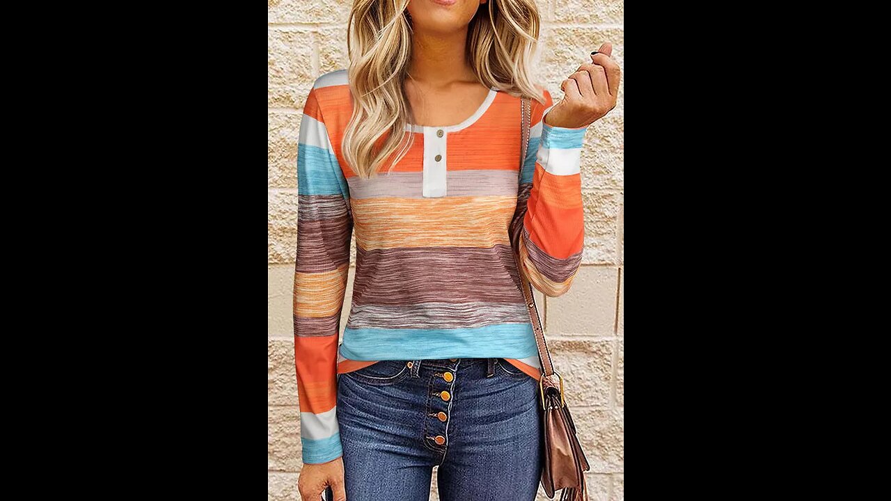 Color Block Button O-Neck Blouse for Women