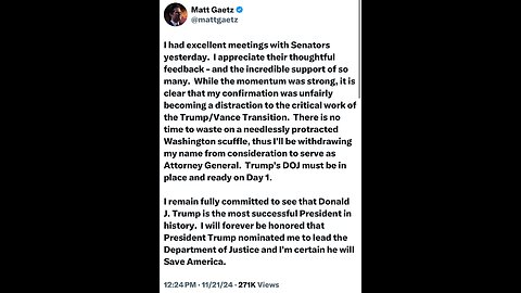 REP. MATT GAETZ WITHDRAWS🇺🇸🎬👨‍💼AS U.S ATTORNEY GENERAL NOMINEE🇺🇸👨‍⚖️🏛️💫