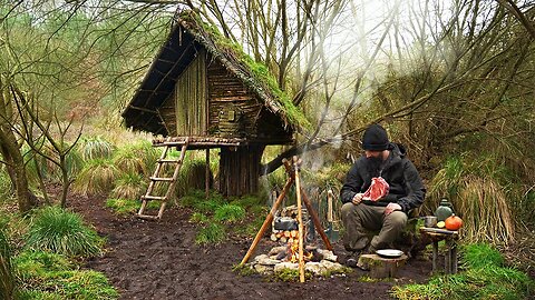 Building wood survival shelter in wildlands | Bushcraft & Campfire grilled meat