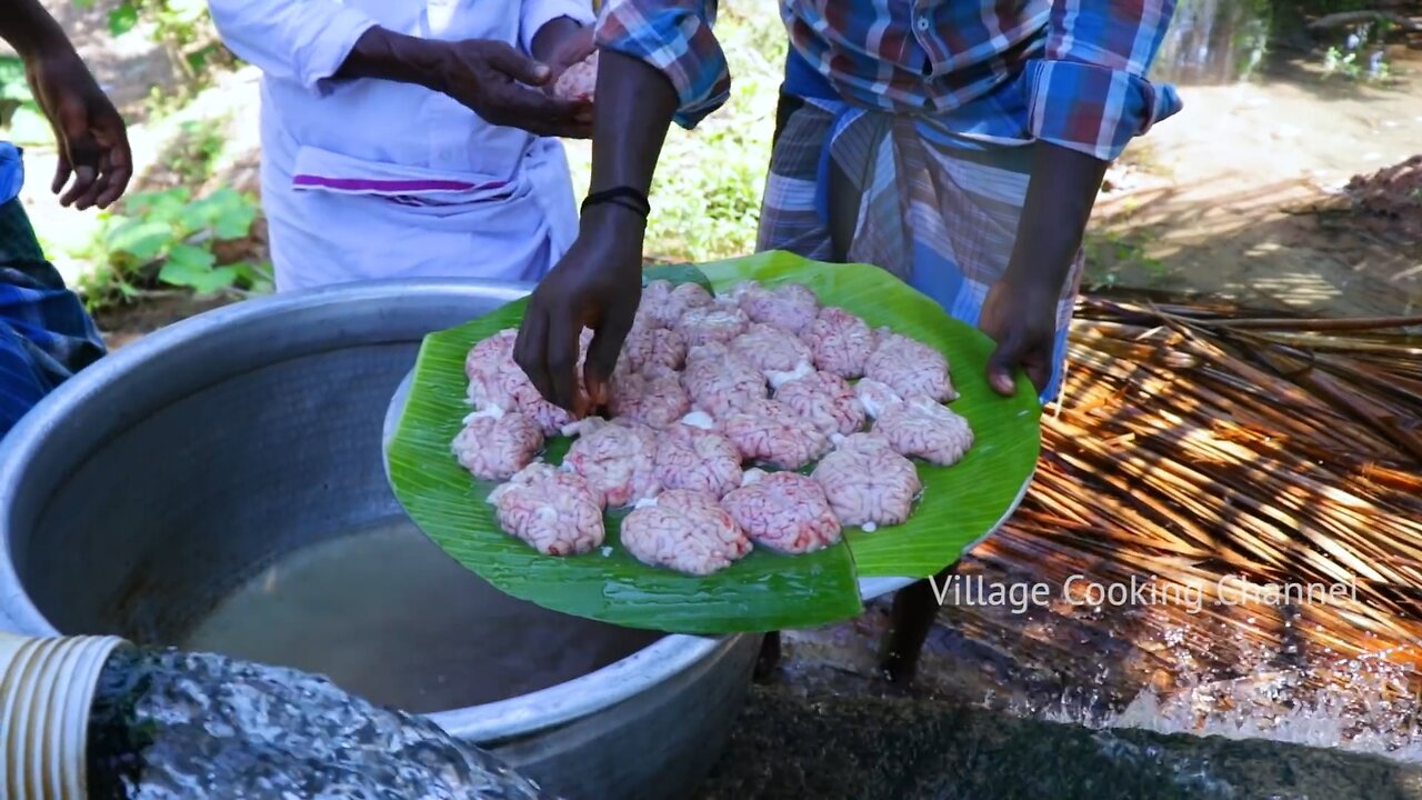 GOAT BRAIN Recipe | Cleaning and Cooking in Village | 25 Full Goat Brains | Tasty Village Food