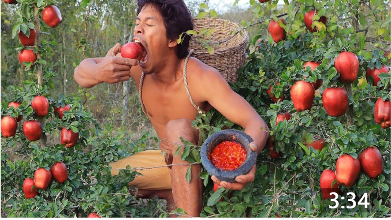 Survival in the forest Eating apple with salt peppers In a forest full of apples - Village Chef