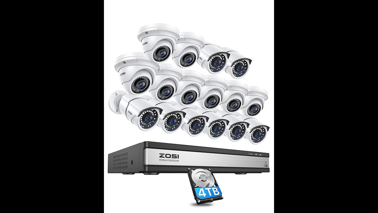 ZOSI 4K 16CH PoE Security Camera System with Hard Drive 4TB and 10pcs 5MP Outdoor Indoor PoE IP...