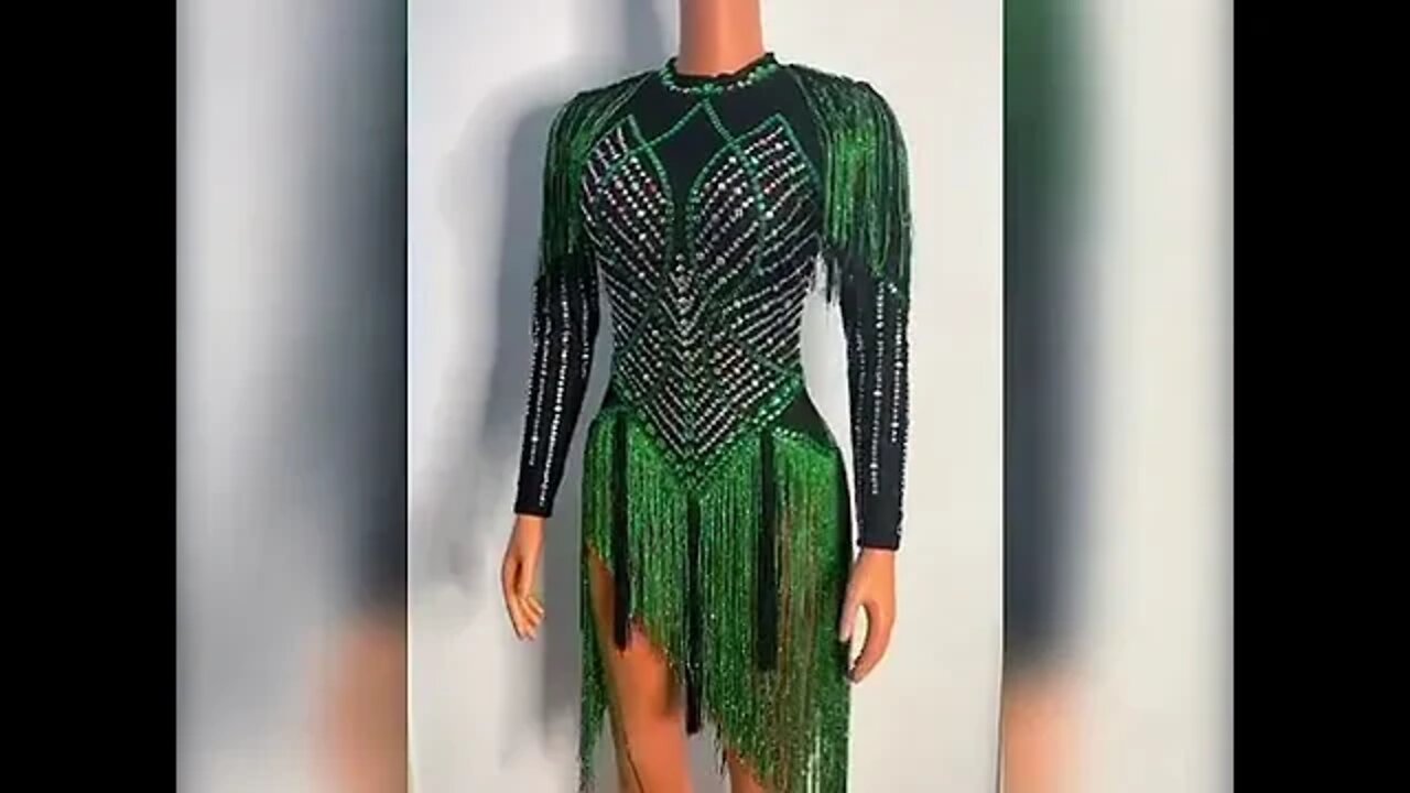 Green Silver Rhinestone Fringe Spandex Short Dress Birthday Celebrate Prom Party Show Wear Women Dan