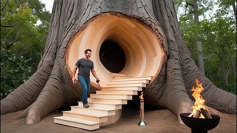 Man builds secret shelter in HUGE Tree----- Start to finish by @PolissyaBushcraft