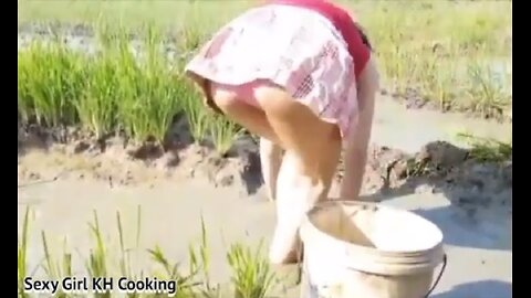 Amazing sexy girl catch fish & find fish for cooking.