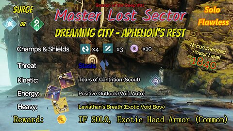 Destiny 2 Master Lost Sector: Dreaming City - Aphelion's Rest on my Void Hunter Solo-Flawless 8-3-23