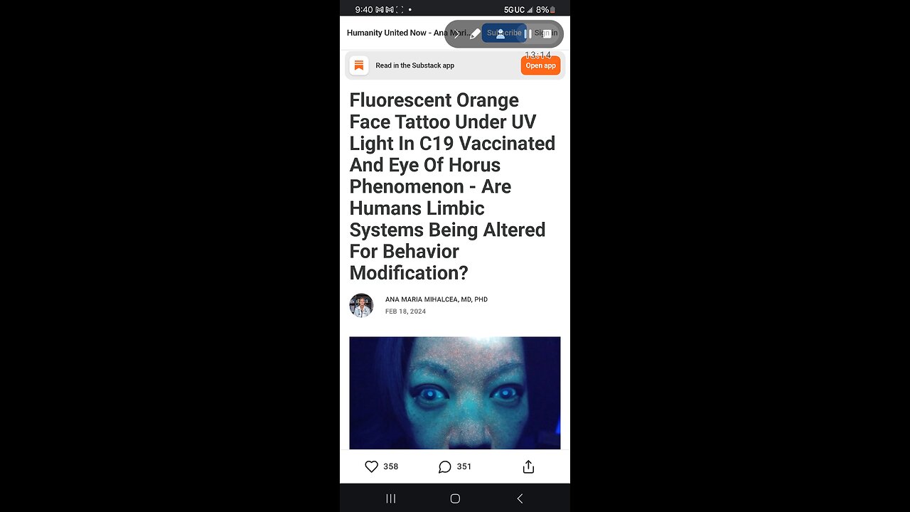 Fluorescent orange 🍊 face Tattoo under UV light in C 19 Vaxed > Eye of Horus phenomenon