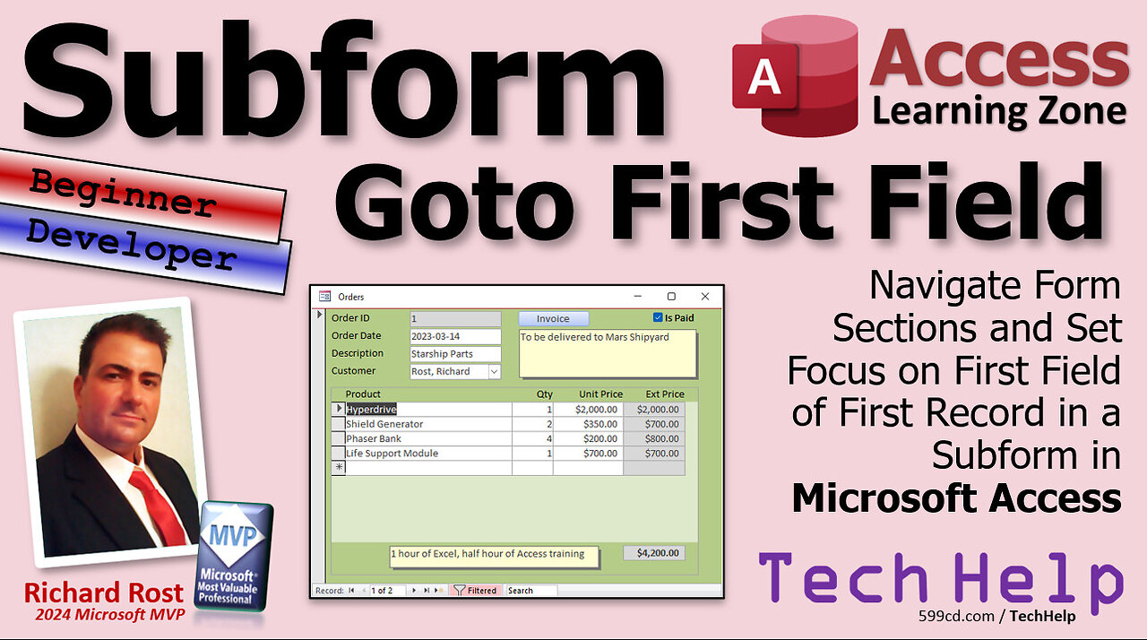 Navigate Form Sections and Set Focus on First Field of First Record in a Subform in Microsoft Access