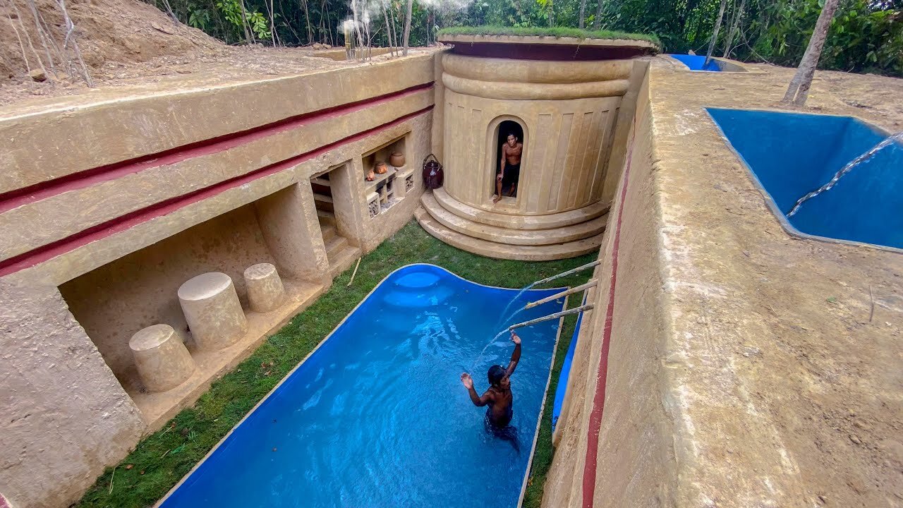 100 Days Building An Underground Temple House With Water Slide To Underground Swimming Pool