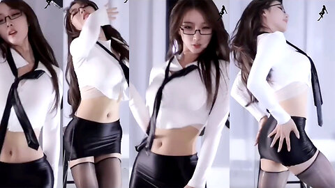 Sexy dance streamer in a secretary outfit, hip skirt, shiny stockings, pulling tie, twisting hips, and teasing 