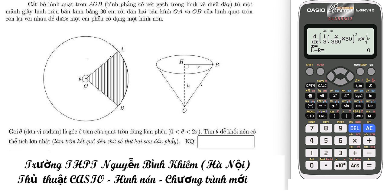 THPT Nguyễn Bỉnh Khiêm (Hà Nội): Cắt bỏ hình quạt tròn AOB (hình phẳng có nét gạch trong hình