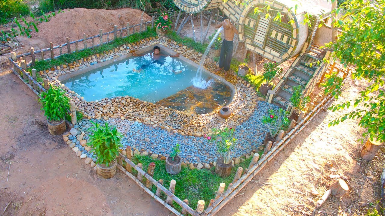 Build Beautiful Swimming Pool And Two House Using Wooden Brick And bamboo