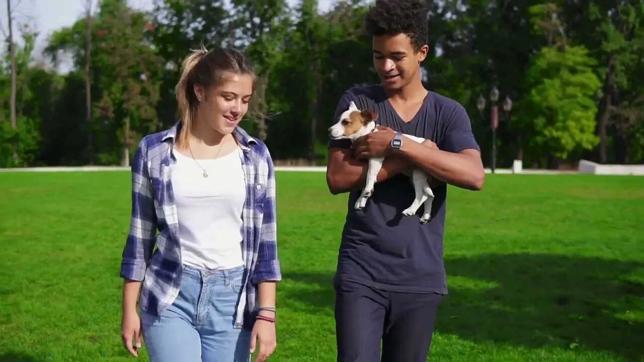 Two multiracial friends walking on the green grass in park enjoying the day while holding cute litt