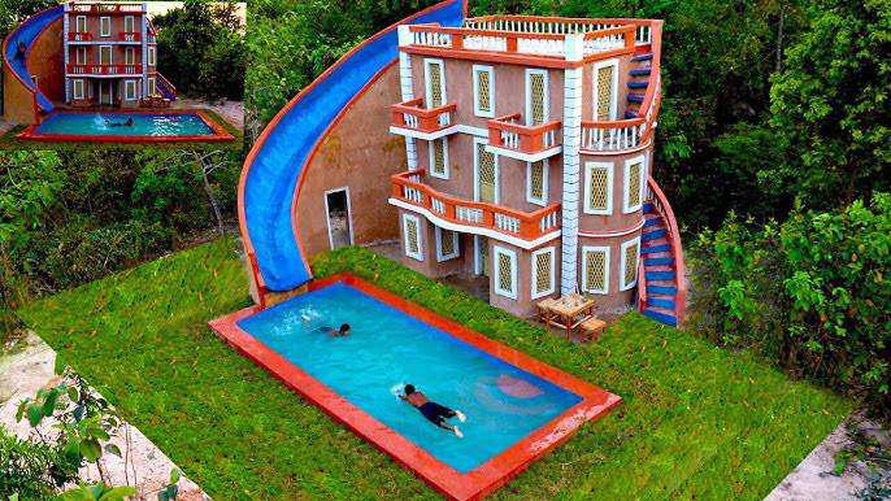 Build Most Beautiful 2-Story Mud Villa House With Contemporary Water Slide Park & Swimming Pool