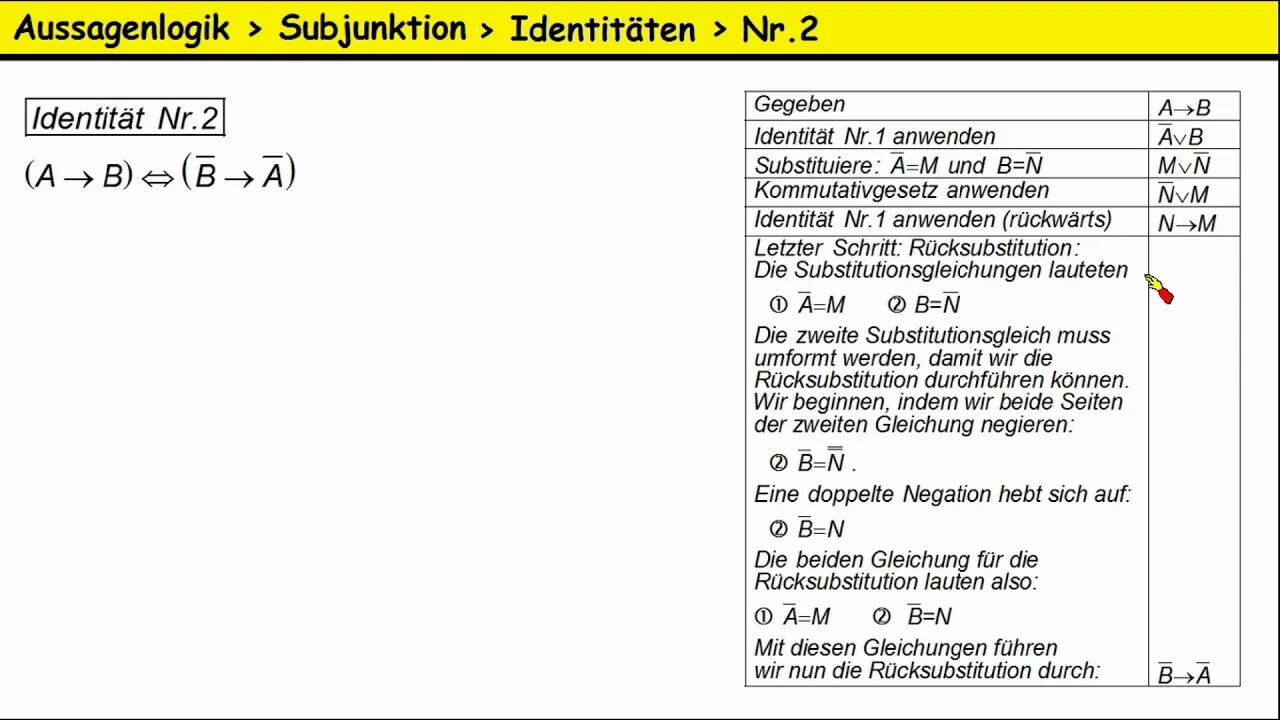 Aussagenlogik ►Subjunktion und Implikation ►Identität Nummer 2 (=Kontraposition)